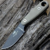 The ESEE Izula II Survival Kit (IZULA-II-TG-KIT) shown with its 2.63-inch 1095 plain edge drop point blade in a Tactical Gray finish and flat grind, tan Micarta handle, black polymer sheath, and the full kit: paracord, cord lock, split rings, ferro rod, whistle, and snap hook.