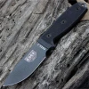 The ESEE-3 (ESEE-3P-TG-B) shown with its 3.88-inch 1095 plain edge drop point blade in a Tactical Gray finish and flat grind, black G-10 handle scales, and its injection-molded black plastic sheath.