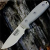 The ESEE-3 (ESEE-3SM-MB-DT) shown with its 3.88-inch 1095 part serrated drop point blade in a Desert Tan finish and flat grind, tan Micarta handle with a modified pommel, and its injection-molded OD Green plastic sheath with MOLLE back mounting.