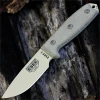 The ESEE-3 (ESEE-3P-MB-DT) shown with its 3.88-inch 1095 drop point blade in a Desert Tan finish and flat grind, tan Micarta handle scales, and its injection-molded OD Green plastic sheath with MOLLE back mounting.