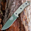 The ESEE-5 (ESEE-5S-OD-E) shown with its 5.25-inch 1095 saber ground part serrated drop point blade in an OD Green finish, sharpened glass breaker pommel, fire-making bow drill divot, tan Micarta handle scales, and its black Kydex belt sheath.