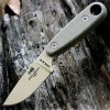 The ESEE Izula II (IZULA-II-DT) shown with its 2.63-inch 1095 plain edge drop point blade in a Desert Tan finish and flat grind, matching tan Micarta handle scales, and its injection-molded black polymer sheath.