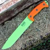 The ESEE Junglas (JUNGLAS-VG-E) shown with its 10.38-inch 1095 plain edge drop point blade in a Venom Green finish and flat grind, Orange Micarta handle, and its black nylon sheath.