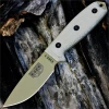 The ESEE-3 (ESEE-3P-MB-DE) shown with its 3.88-inch 1095 drop point blade in a Dark Earth finish and flat grind, tan Micarta handle scales, and its injection-molded plastic sheath with MOLLE back mounting.