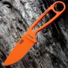 The ESEE Izula (IZULA-OR) shown with its 2.63-inch 1095 plain edge drop point blade in a vibrant Orange finish and flat grind, Orange skeletonized steel handle, and its injection-molded black polymer sheath. A Knifeworks Exclusive colorway.