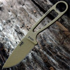 The ESEE Izula Survival Kit (IZULA-DE-KIT) shown with its 2.63-inch 1095 plain edge drop point blade in a Dark Earth finish and flat grind, Dark Earth skeletonized steel handle, black polymer sheath, and the full kit: paracord, cord lock, split rings, ferro rod, whistle, and snap hook.