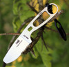 The ESEE Imlay Rescue (ESEE-IMLAY) shown with its 2.25-inch 440C partially serrated blunt tip blade in a stonewash finish and flat grind, gray skeletonized stainless steel handle, and its black polymer sheath with rubber retention strap and integrated oxygen wrench.