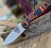 The ESEE Xancudo (ESEE-XAN2-006) shown with its 3.0-inch CPM-S35VN plain edge spear point blade in a stonewash finish and flat grind, 3D-contoured orange and black G-10 handle, and its black plastic sheath.