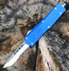 CobraTec Blue FS-X OTF Knife CTKMBLUFS-XMTS, 3" D2 Steel Tanto Serrated Blade, Blue Aluminum Handle