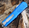 CobraTec Blue FS-X OTF Knife CTKMBLUFS-XMDAG2SS, 3" D2 Steel  Dagger Double Serrated Blade, Blue Aluminum Handle