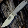 The ESEE-3 (ESEE-3S-MB-DT-CO) shown with its 3.88-inch 1095 part serrated drop point blade in a Desert Tan finish and flat grind, tan Micarta handle scales, and its injection-molded OD Green plastic sheath with MOLLE back mounting. This is brand new old inventory, sold without the original retail box.