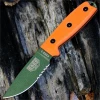The ESEE-3 Fixed Blade (ESEE-3SM-MB-OD-CO) shown with its 3.88-inch 1095 carbon steel drop point blade in an OD Green finish with partial serration and flat grind, orange G-10 handle scales with a modified pommel, and its injection-molded black sheath with MOLLE back attachment.