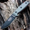 The ESEE-3 Fixed Blade (ESEE-3S-MB-CO) shown with its 3.88-inch 1095 carbon steel drop point blade in a black finish with partial serration and flat grind, gray Micarta handle scales, and its injection-molded Coyote Brown sheath with MOLLE back attachment.