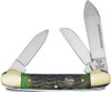 Hen & Rooster Canoe 3 Blade, German Steel,   Antique Green Bone Handle