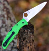 3.78 inch LC200N plain edge rust-proof blade on a Green Spyderco Pacific Salt 2.
