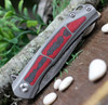 Kansept Knives Gremlin (K2003A4) 2.91" Damasteel Stonewashed Clip Point Plain Blade, Gray Titanium Handle with Red and Black Carbon Fiber Inlay