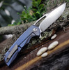 Kansept Knives Mini Kryo (K2001A2) 2.9" CPM-S35VN Stonewashed Drop Point Plain Blade, Blue Anodized Titanium Handle