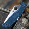 3.40 inch K390 tool steel fully serrated blade on a Blue Spyderco Endela LW.
