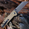 QSP Knife Penguin Folding Knife (QS130G) 3.06" D2 Black Stonewashed Sheepsfoot Plain Blade, Brass Handles