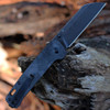 QSP Knife Penguin (QS130U) 3.125" D2 Black Stonewashed Sheepsfoot Plain Blade, Black G-10 with Shredded Carbon Fiber Overlay Handle