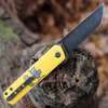 Kansept Knives Foosa (KT2020T8) 3.06" 154CM Black TiCn Coated Tanto Plain Blade, Yellow G-10 Handle with Bat Print