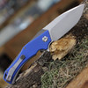 Kansept MINI Hellx (T2008A3) 3.25" D2 Stonewashed Drop Point Plain Blade, Gray Stainless Steel Handle with Blue G-10 Onlay