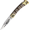 Brian Yellowhorse Custom Buck 110 Mammoth Chief (YH385) 3.75" Satin 420HC Stainless Steel Clip Point Blade w/ American Flag Etching, Natural Mammoth Tooth Handle w/ Etched Brass Bolsters