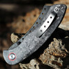 Red Horse Knife Works Hell Razor P Series (RH011)- 3.75in CPM-S35VN Black Stonewashed Sheepfoot Plain Blade, Marbled Carbon Fiber Handle