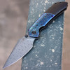 Kansept Fenrir Folding Knife (K1034A8) 3.48" Damascus Drop Point Plain Blade, Blackwashed Titanium Handle with Blue Timascus Inlay