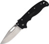 The Demko AD20.5 Shark Lock open, showing its 3.25-inch stonewashed AUS-10A clip point blade, black textured Grivory scales over steel liners, the spine-mounted Shark-Lock fin, a thumb stud and thumb hole, and a tip-up pocket clip.