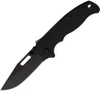 The all-black Demko AD20.5 Shark Lock open, showing its 3.25-inch black-finished D2 clip point blade, black textured Grivory scales over steel liners, the spine-mounted Shark-Lock fin, a thumb stud and thumb hole, and a tip-up pocket clip.