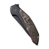 We Merata Flipper (WE22008B-1) 3.68" Black Stonewashed CPM 20CV Trailing Point Plain Blade, Black Titanium with Copper Foil Carbon Fiber Inlayed Handle