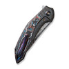 We Merata Flipper (WE22008B-DS1) 3.68" Heimskringla Damasteel Trailing Point Plain Blade, Tiger Stripe Pattern Flamed Titanium with Nebula Fat Carbon Fiber Inlayed Handle