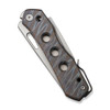 We Vision R Manual Thumb Knife (WE21031-6)  3.54" CPM-20CV Bead Blasted Reverse Tanto Plain  Blade, Tiger Stripe Pattern Flamed Titanium Handle