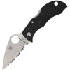 Spyderco Manbug MBKLFS keychain knife showing 1.90 inch serrated VG-10 steel blade and black FRN handle.