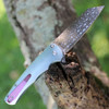 Pro-Tech Knives 2023 Malibu Custom 012 - 3.25" Vegas Forged Damascus "Razorwire" Reverse Tanto Plain Blade, Teal Anodized Titanium Handle w/Pink Abalone Inlays