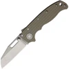 The Demko AD20.5 Shark Lock shown with its 3-inch CPM-S35VN stonewashed Wharncliffe blade, Coyote Tan G-10 handle, Shark-Lock fin, thumb stud and thumb hole openers, and tip-up pocket clip.