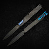 Heretic Cleric II OTF Automatic (H020-6A-CF/BLU) - 4.25in Black DLC CPM Magnacut Double Edge Plain Dagger Blade, Black Anodized Aluminum/Carbon Fiber Inlay Back Handle, Carbon Fiber Front Handle, Black Hardware , Blue Ti Clip, Blue Thumb Slide