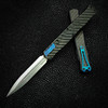 Heretic Cleric II OTF Automatic (H020-2A-CF/BLU) - 4.25in Stonewash CPM Magnacut Double Edge Plain Dagger Blade, Black Anodized Aluminum/Carbon Fiber Inlay Back Handle, Carbon Fiber Front Handle, Black Hardware , Blue Ti Clip, Blue Thumb Slide