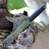 Heretic Manticore X OTF Automatic (H031-6A) - 3.7" Black DLC CPM-MagnaCut Plain Tanto Blade, OD Green Anodized Aluminum/Standard Hardware, Ambi Clip