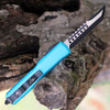 Microtech Ultratech Hellhound Signature Series Double Action OTF (119-1 TQS) 3.3" Premium Steel Tanto Two-Toned Plain Blade, Teal Anodized Aluminum Handle with Glass Breaker