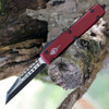 Microtech Ultratech Warhound Signature Series Double Action OTF (119W-1 MRS) 3.4" Premium Steel Wharncliffe Two-Toned Plain Blade, Merlot Anodized Aluminum Handle with Glass Breaker