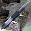 MicroTech UTX-85 D/E (232-1 DLCTULS) 3.125" MAGNACUT Black Double Edged Dagger Plain Blade, Ultem Front, Black Aluminum Back Handel with Glass Breaker