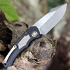 Heretic Knives Pariah Automatic (H048-5A) 3.75" MagnaCut Drop Point Stonewash Plain Blade, Black Battleworn Aluminum Handle with Grey Bubble Stainless Inlays