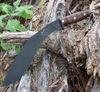 The ESEE Expat Jaraca Kukri (ESEE-KUKRI) shown with its 11.50-inch 1075 high carbon steel kukri blade in a black traction powder coating with flat grind and convex edge, walnut wood handle with forward and rear guards, and its khaki Cordura sheath.