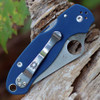 Spyderco Para 3 C223GPCBL cobalt blue G-10 handle open view showing CPM SPY27 satin blade and compression lock