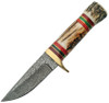 Damascus Blade Hunter Stag- 3.5" Damascus Drop Point Plain Blade, Stag with Green and Red Wood Handle, Brown Leather Belt Sheath