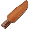 Damascus Blade Firepeak Hunter- 4.25" Damascus Clip Point Plain Blade, Red and Brown Acrylic Handle, Brown Leather Belt Sheath