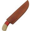 Damascus Knives Hunter (DM1338) 4.5" Damascus Drop Point Plain Blade, Black and Red Wood with White Smooth Bone Handle, Brown Leather Belt Sheath