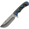 Damascus Knives Blue River Hunter (DM1334) 4.75" Damascus Drop Point Plain Blade, Blue Finger Grooved Pakkawood Handle, Brown Leather Belt Sheath